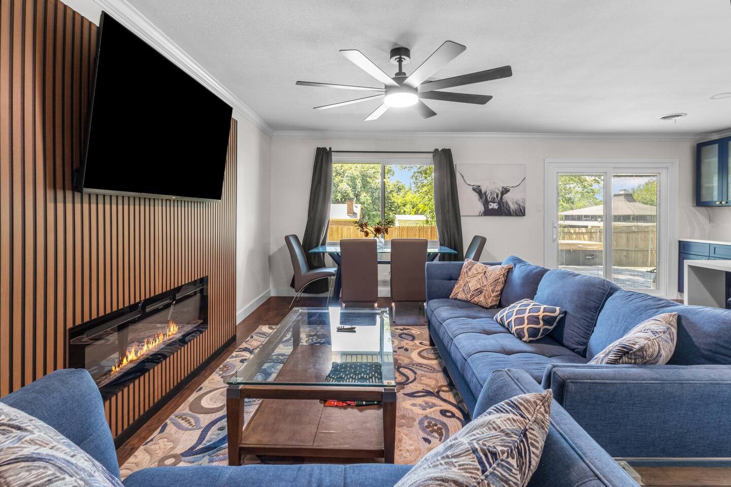 Simmons living room with fireplace and sectional in Euless